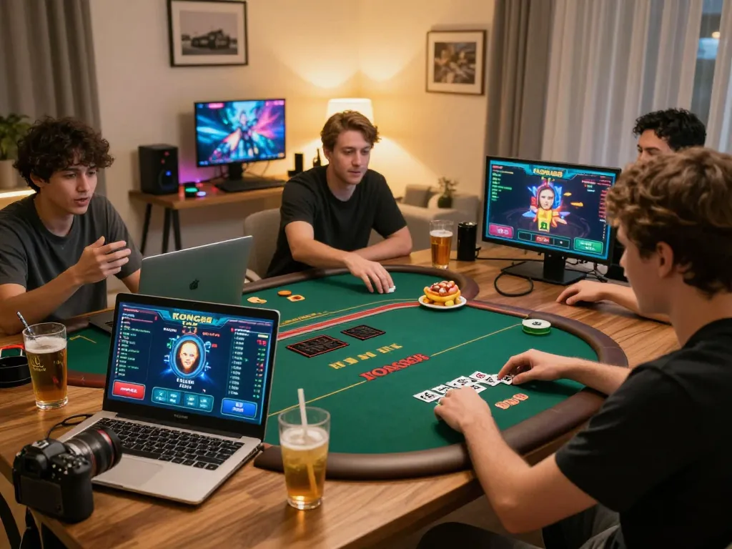 KONG88 players immersed in a lively online gaming session at home, showcasing poker strategy and excitement.