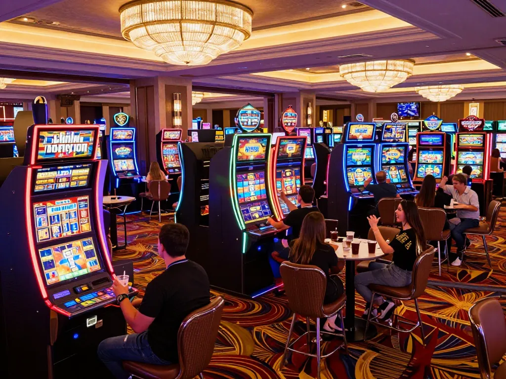 Players cheering for wins at dh88's vibrant slot machine area, showcasing excitement and energy.