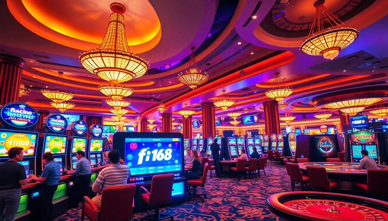 Engaging players enjoying f168 nổ hũ slots amidst a vibrant casino atmosphere.