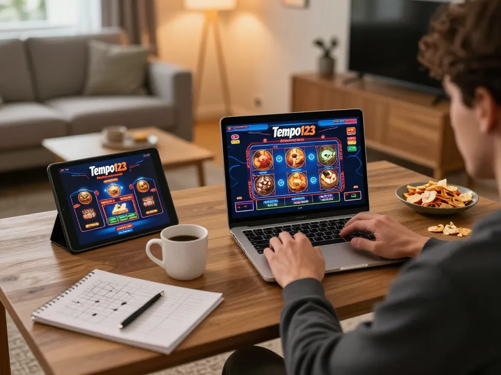 Player engaging with Tempo123 online slots at home, surrounded by strategy notes and ambient lighting.