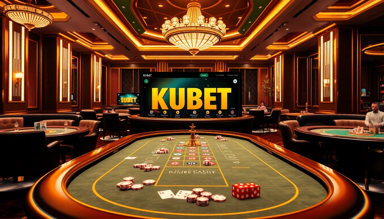 Kubet offers thrilling online gaming at luxurious casino tables with vibrant cards and dice.