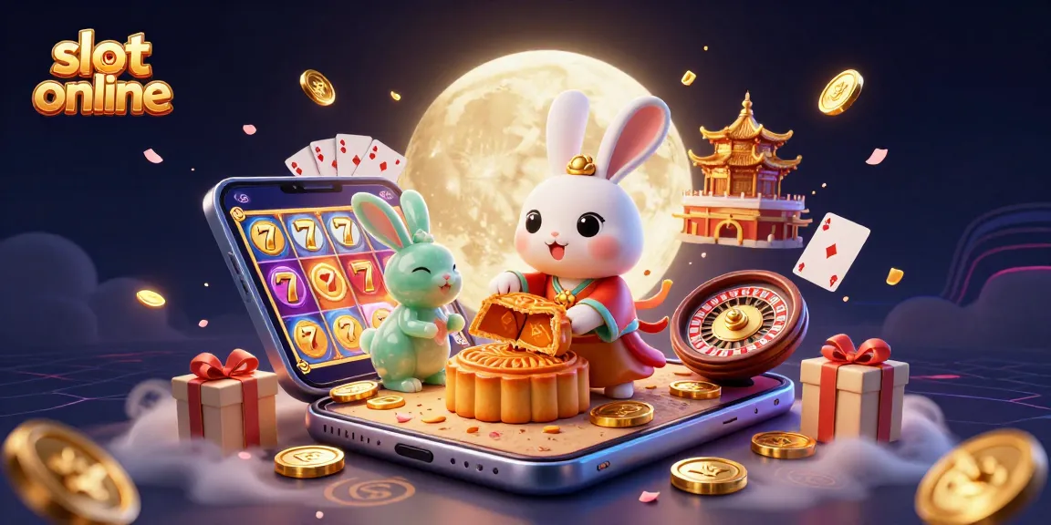 Engaging scene of a moon rabbit promoting slot online with poker chips, spinning reels, and a colorful backdrop.