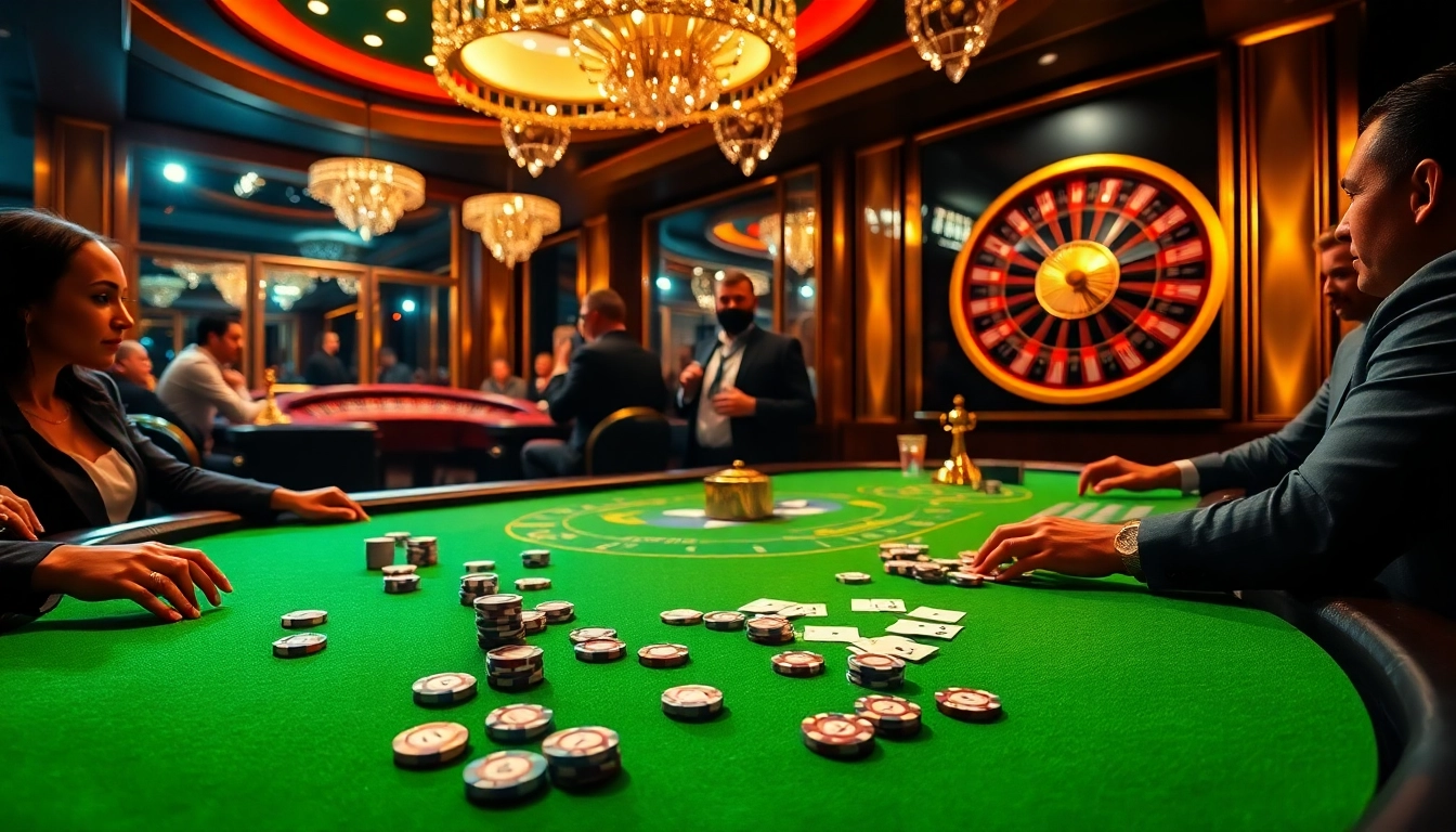 Exciting poker players at a luxurious XX88 casino table amidst vibrant lights.