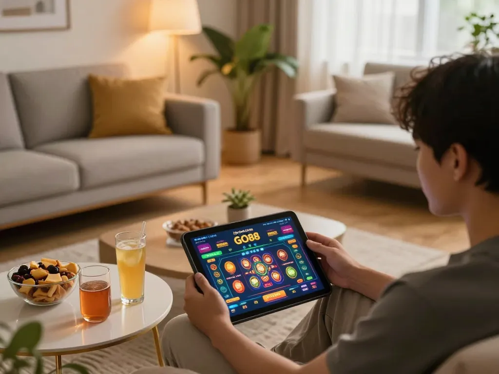 Engaged player using GO88 mobile app for online gambling in a cozy home setting