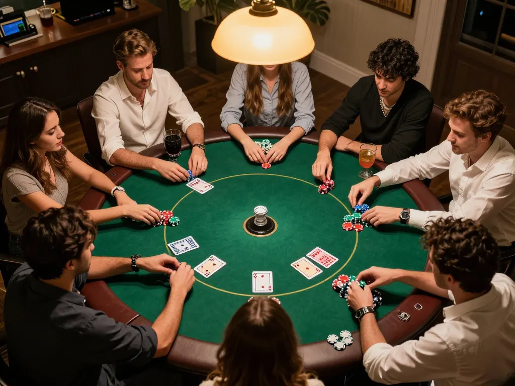 DASI4D link alternatif di permainan poker rumah yang meriah, menunjukkan pemain yang terlibat dan chip berwarna-warni di atas meja.