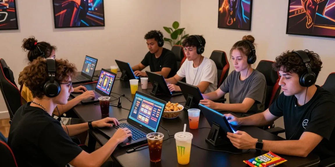 Exciting MPOCASH gaming scene with friends enjoying online slots in a vibrant atmosphere.