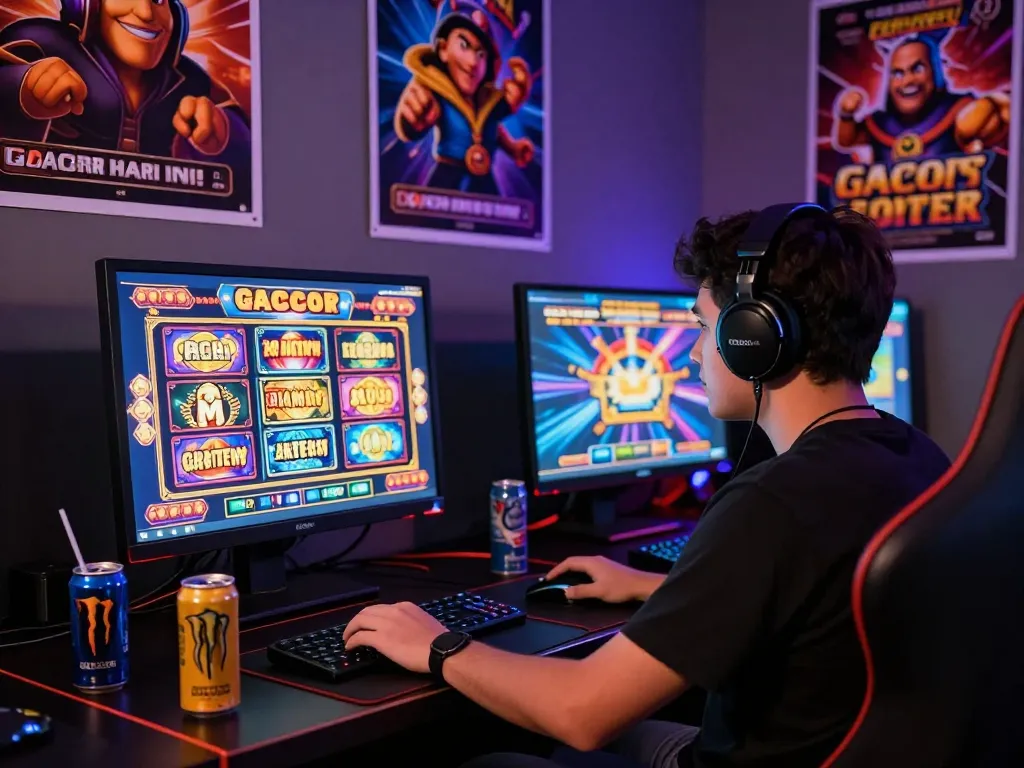 Pemain yang terlibat dalam slot gacor hari ini dalam lingkungan permainan online yang mendalam, menampilkan grafik dan aksesori yang mendebarkan.