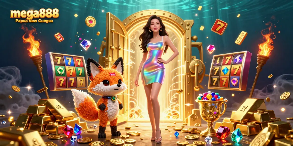 Engage with mega888 Papua New Guinea in a vivid, colorful 3D illustration showcasing dynamic gambling elements and a futuristic theme.
