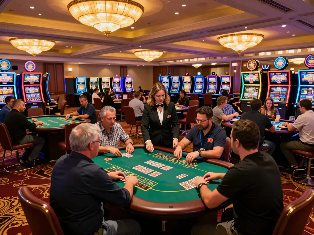 KJC players engaged in strategic gameplay at a lively casino table, showcasing an exciting gambling atmosphere.