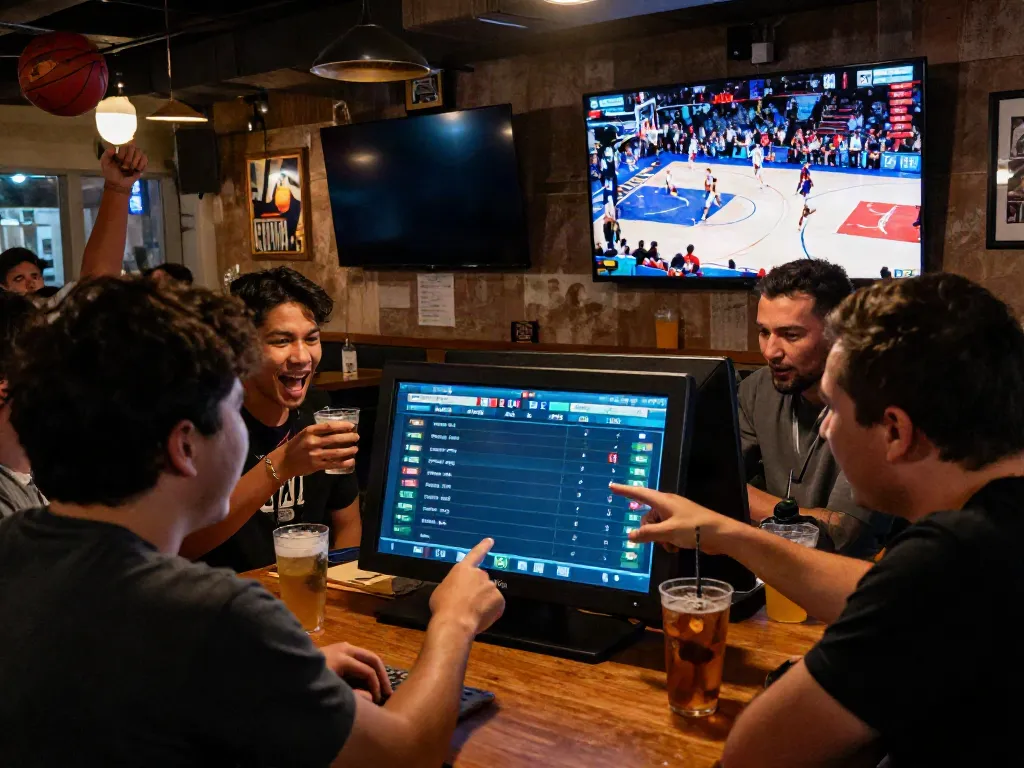 Engaging basketball betting scene at a lively sports bar, showcasing www.statymuzona.lt and the thrill of live sports betting.