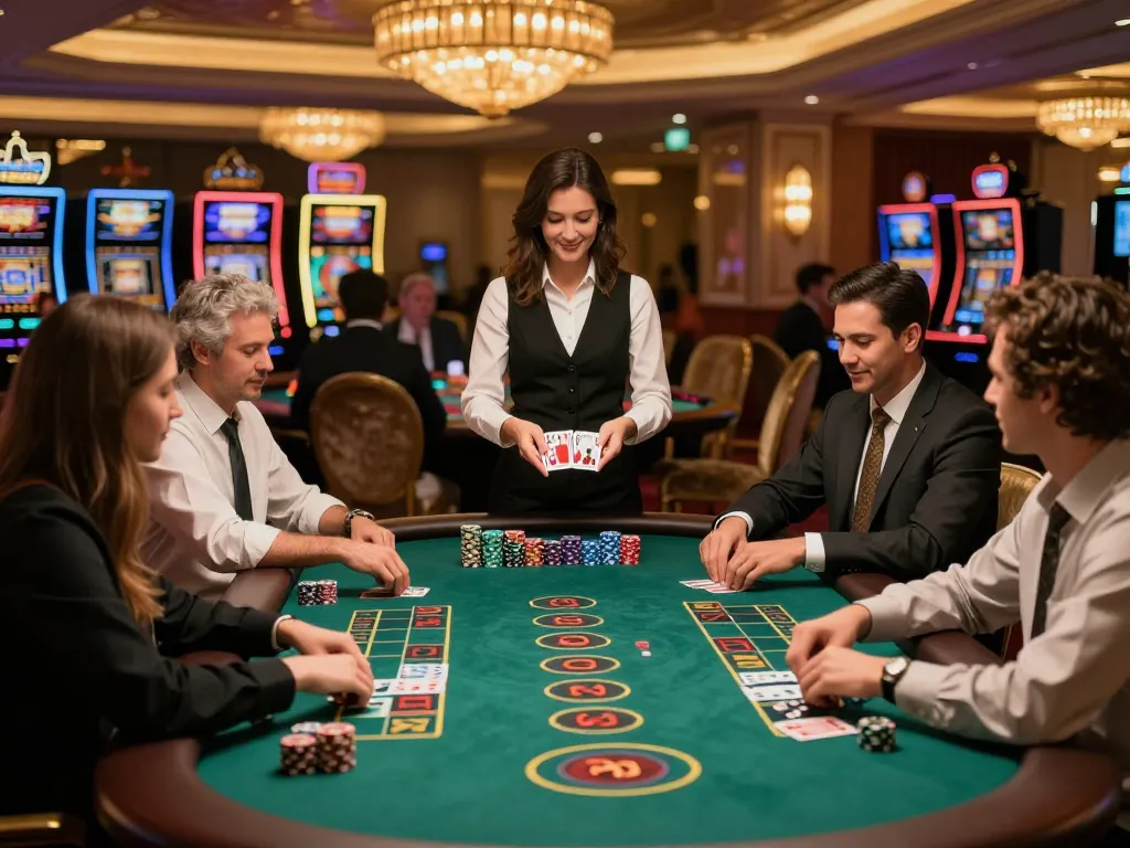 sunwin baccarat table scene with players betting and a confident dealer presenting cards