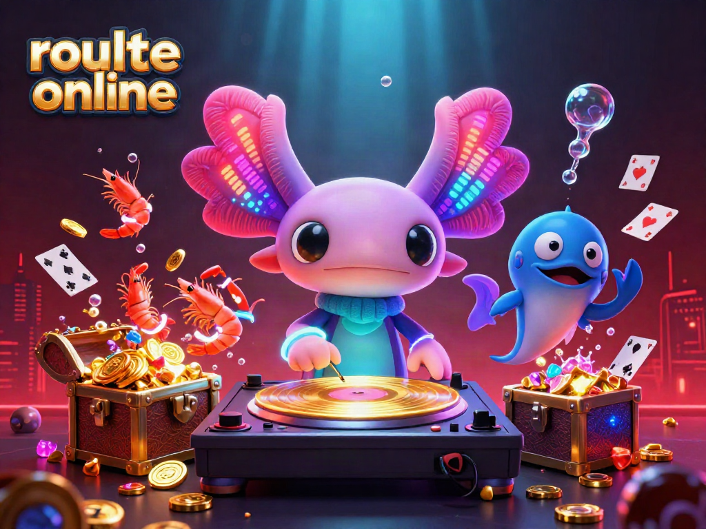 Engage in roulette online with a vibrant axolotl DJ and energetic sea creatures in a colorful casino underwater scene.