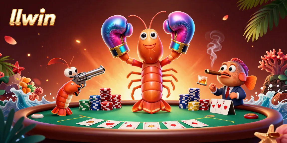 Engage in thrilling gameplay with llwin at a vibrant poker table featuring a mantis shrimp and pistol shrimp.