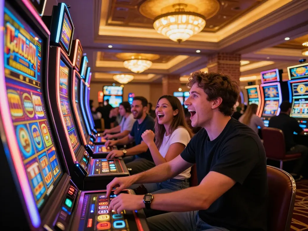 Player enjoying a thrilling slot gacor moment at an upscale casino, celebrating a big win.