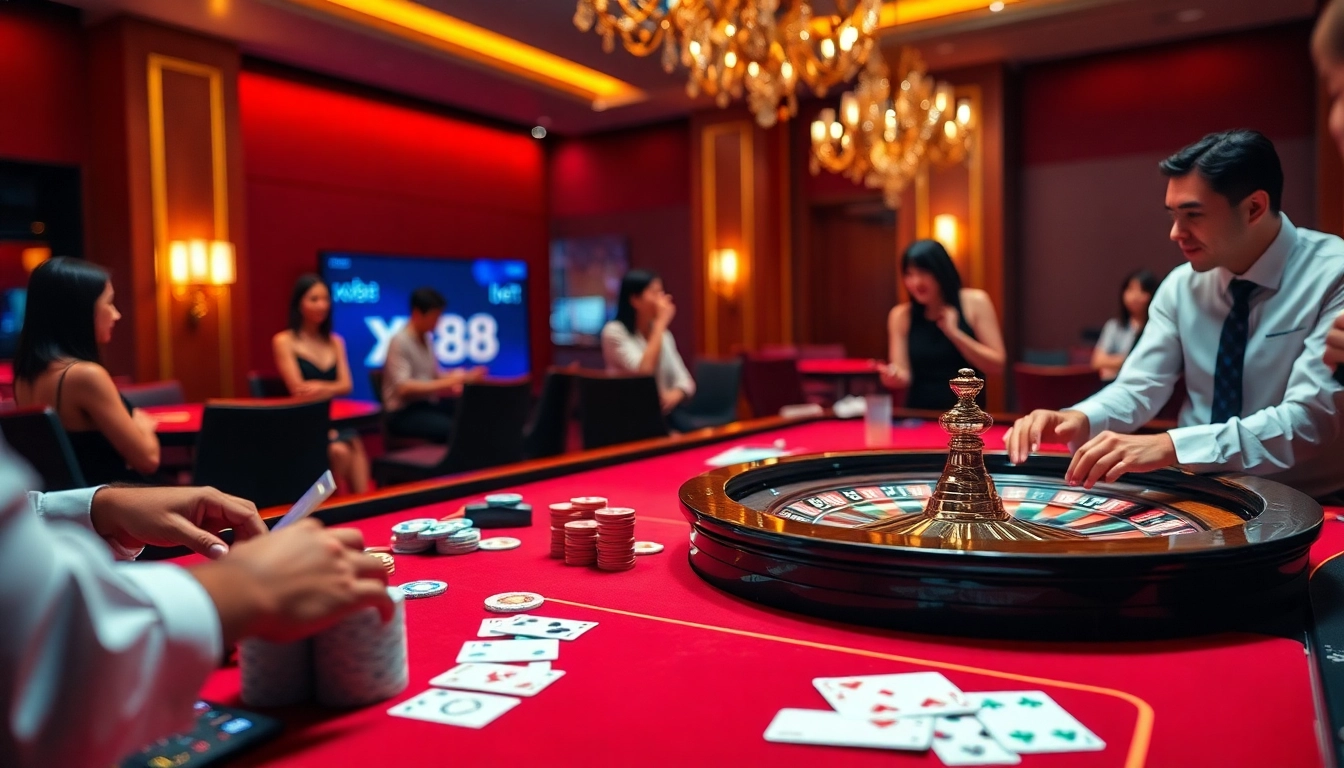 Players enjoying thrilling xn88 bet action at a vibrant casino table with poker chips and cards.