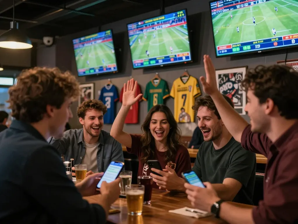 A thrilling scene showcasing sports fans placing bets at a lively bar, lihat selengkapnya for the ultimate experiences.