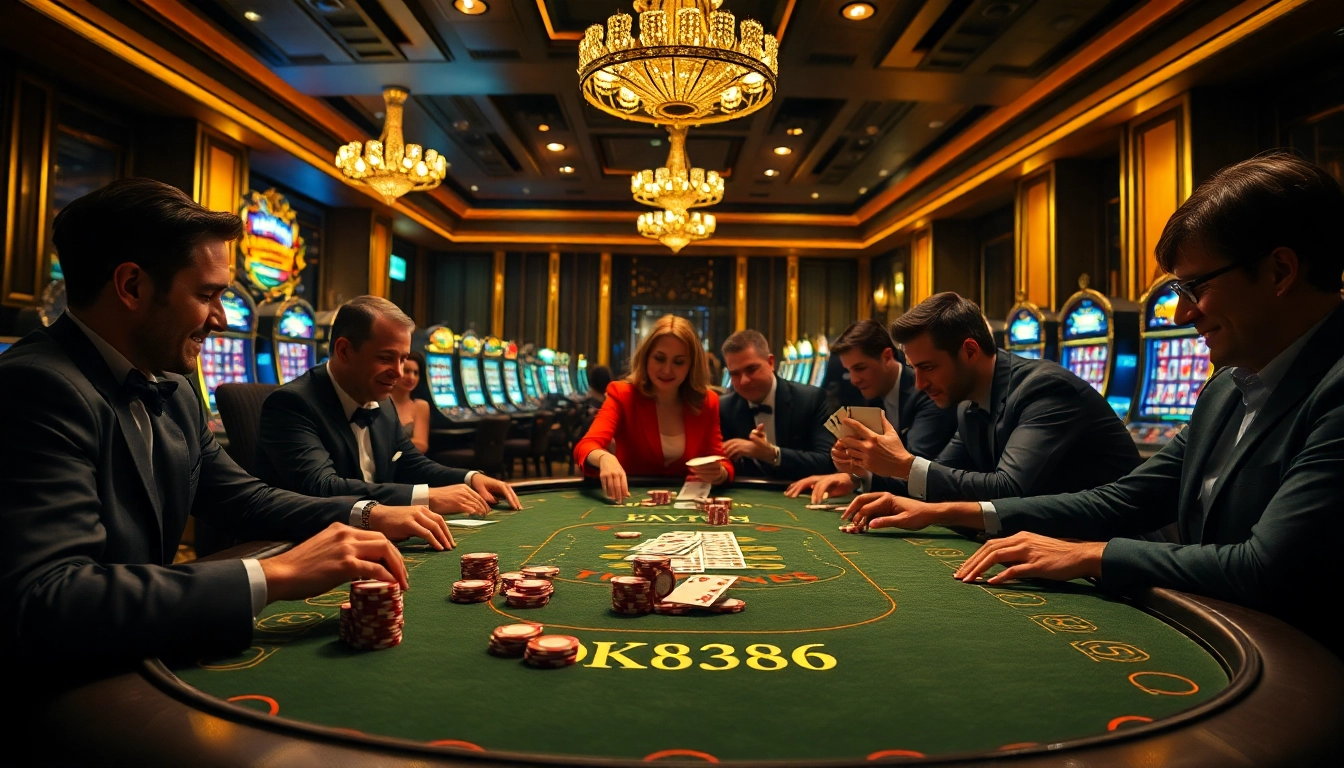 Experience the thrill of OK8386 at a luxurious poker game surrounded by eager players and vibrant slot machines.