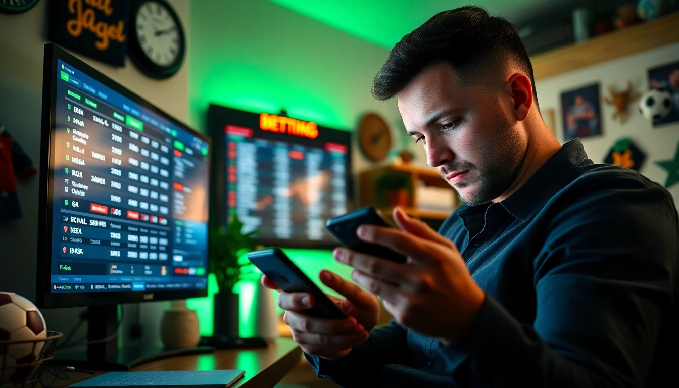 Engage in online Betting with a bettor analyzing sports odds in a vibrant home setup.