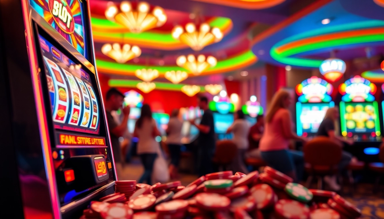 Main fokus Slot Game di mesin slot yang berwarna-warni dengan pemain yang senang.