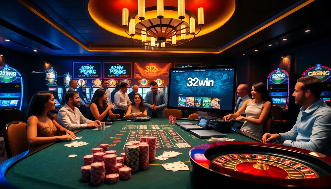 Players enjoying various casino games at a vibrant table, showcasing the excitement of 32win online gaming.