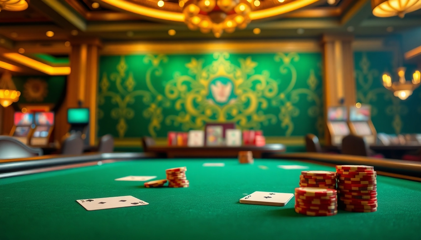 Engaging scene in a Blackjack Casino with elegant card table and vibrant casino backdrop.