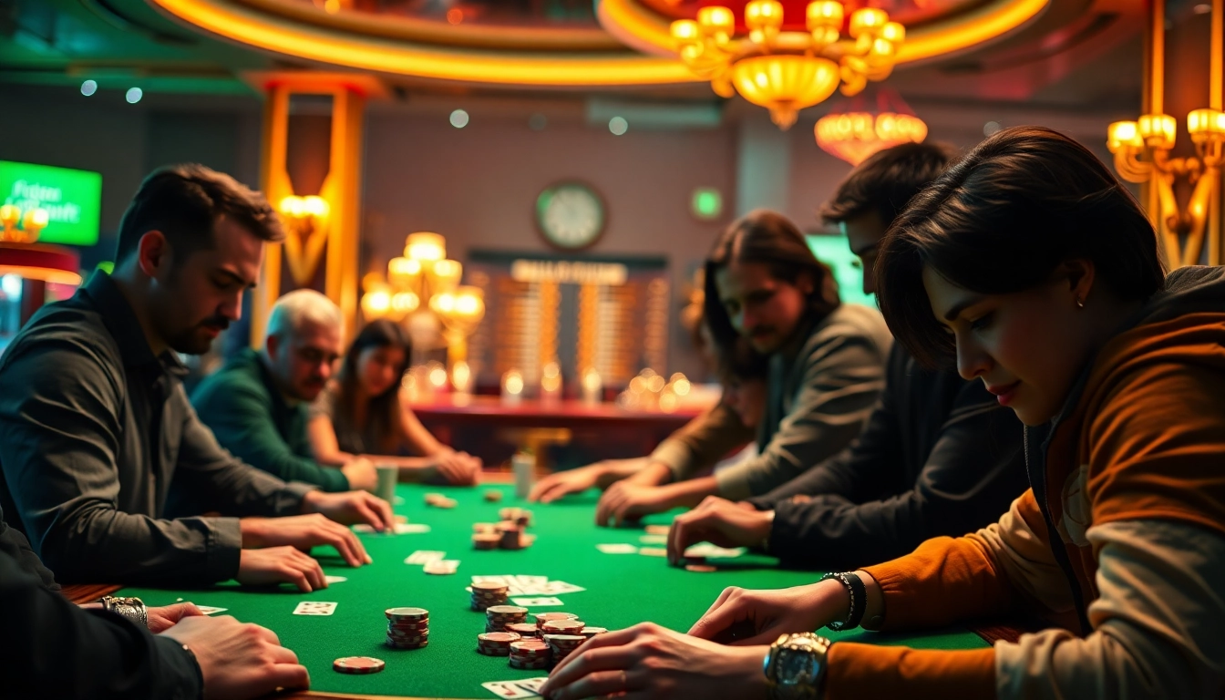 Players enjoying an exciting poker game with chips and cards on a vibrant table.