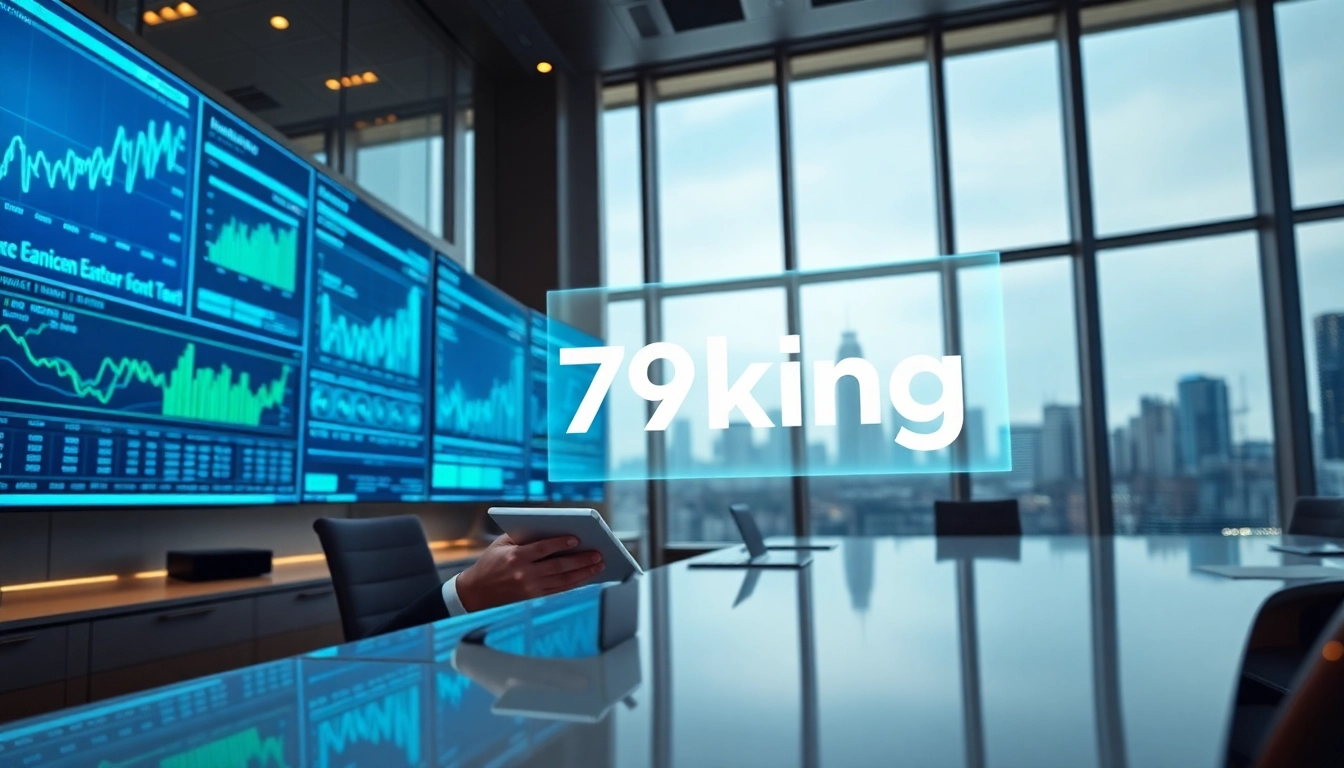 Scène de bureau financier moderne avec branding 79king, graphiques numériques et un professionnel d’affaires pour les solutions de finance et d’investissement en 2025