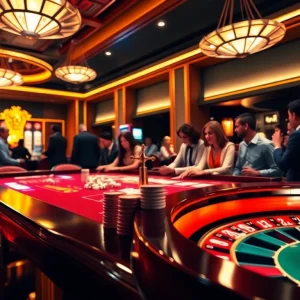 KJC casino scene with poker players, roulette wheel, and luxury slot machines in a vibrant setting