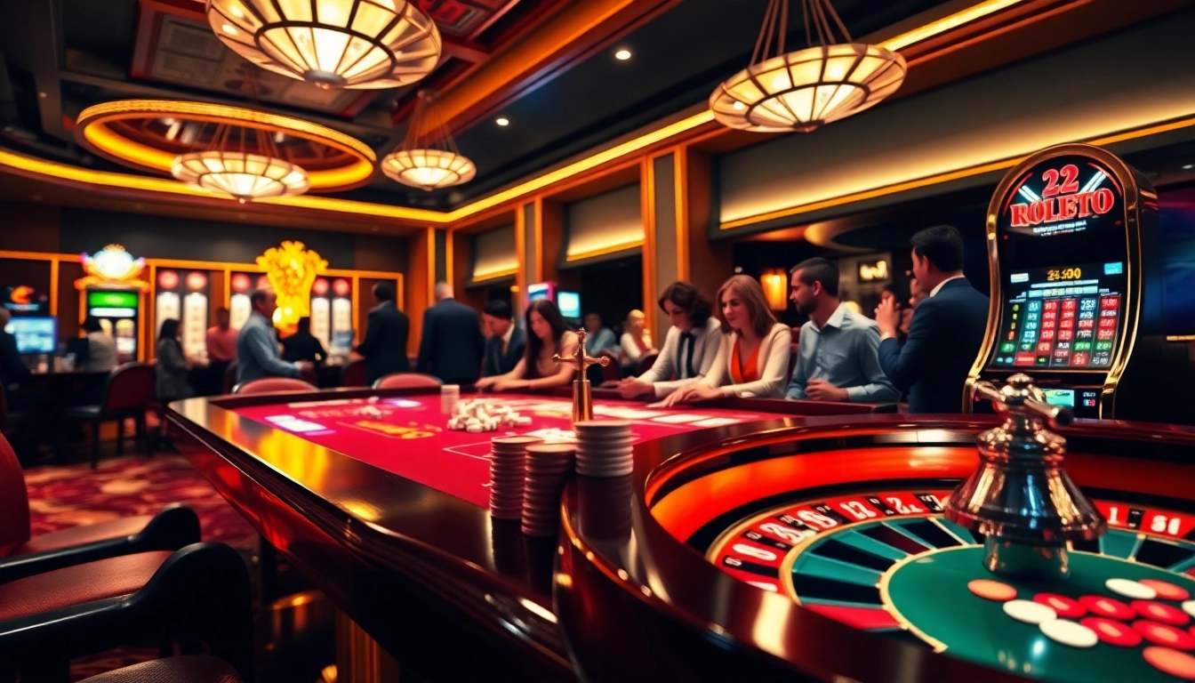 KJC casino scene with poker players, roulette wheel, and luxury slot machines in a vibrant setting