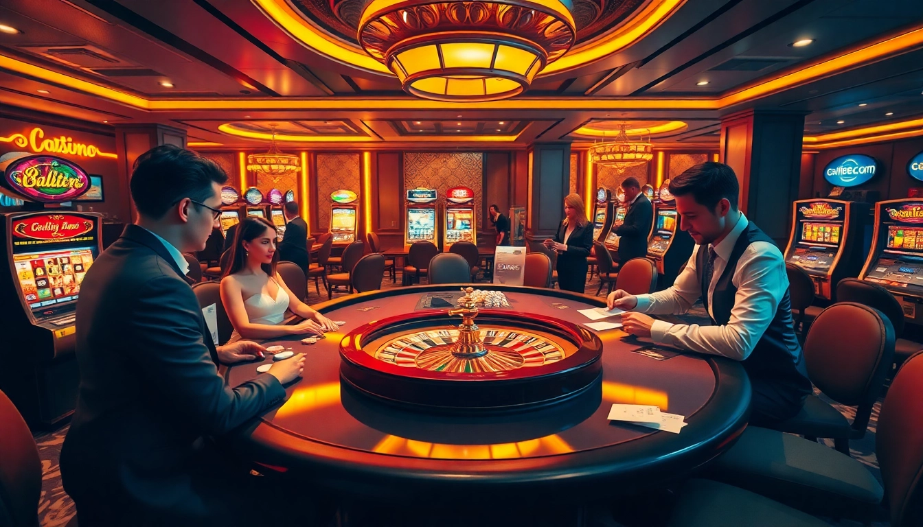 Experience thrill at jbo.com with professionals engaging at poker tables and vibrant slot machines.