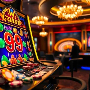 Winning at 98 win casino with vibrant slot machines and poker chips.