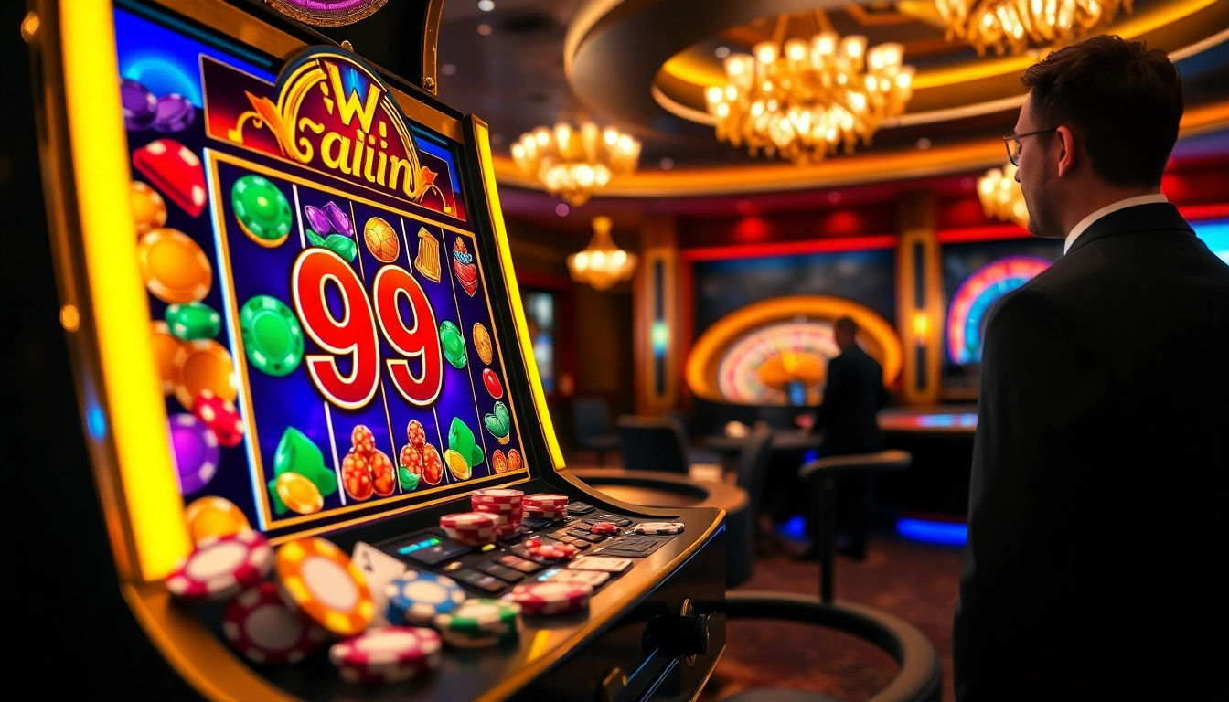 Winning at 98 win casino with vibrant slot machines and poker chips.