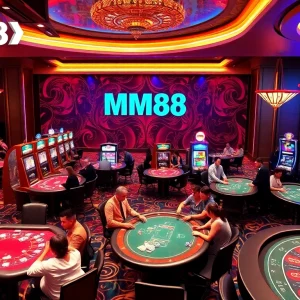 The MM88 casino scene showcases players enjoying poker and roulette in a luxurious atmosphere filled with excitement and anticipation.