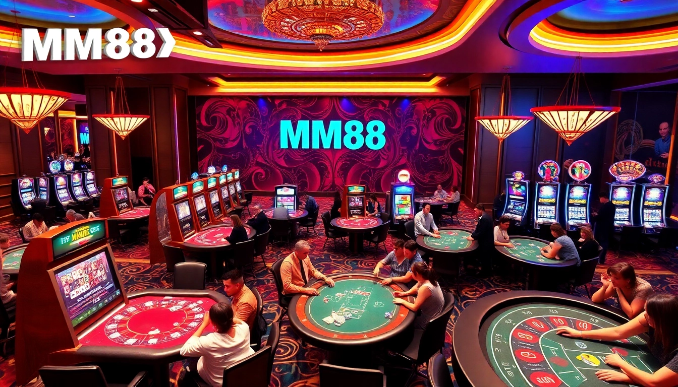 The MM88 casino scene showcases players enjoying poker and roulette in a luxurious atmosphere filled with excitement and anticipation.