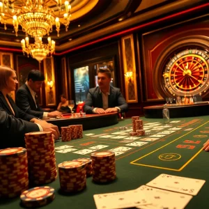 Players enjoying a thrilling game of Baccarat at XX88 Casino, surrounded by vibrant colors and luxury.