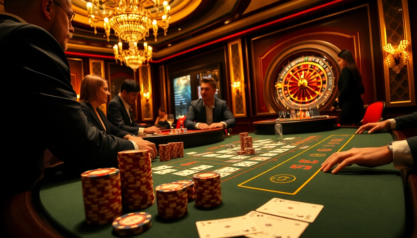 Players enjoying a thrilling game of Baccarat at XX88 Casino, surrounded by vibrant colors and luxury.