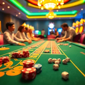 Exciting casino scene featuring GG88-themed gaming table with vibrant poker chips and slot machines.
