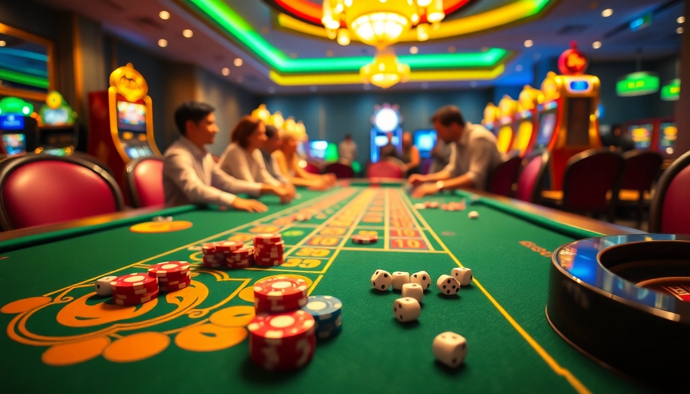 Exciting casino scene featuring GG88-themed gaming table with vibrant poker chips and slot machines.