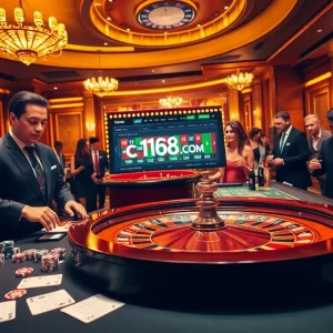 Engaging casino scene featuring c168.com with roulette table, chips, and cards in action.