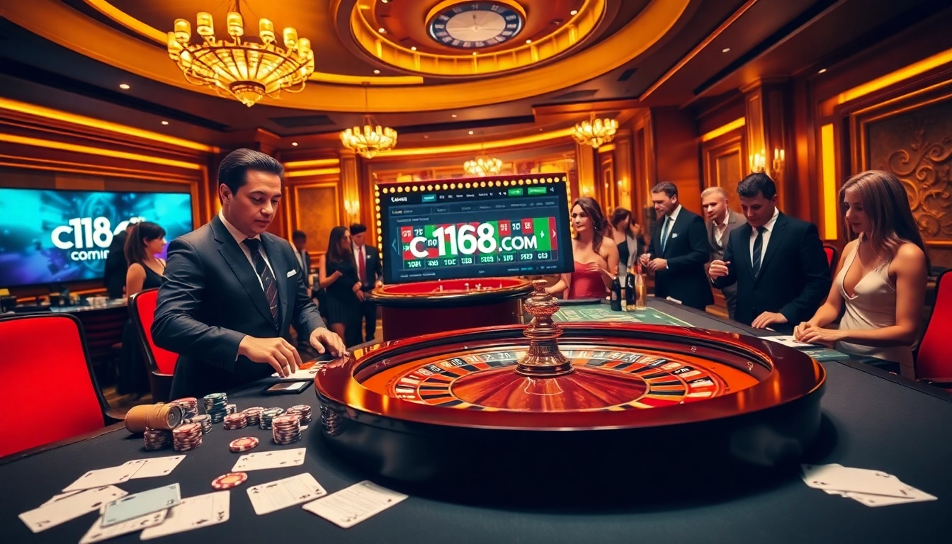 Engaging casino scene featuring c168.com with roulette table, chips, and cards in action.