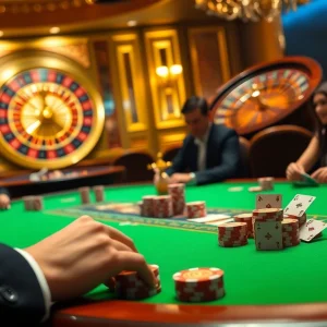 Players enjoying a high-stakes game at 32win2 casino table under warm lighting.