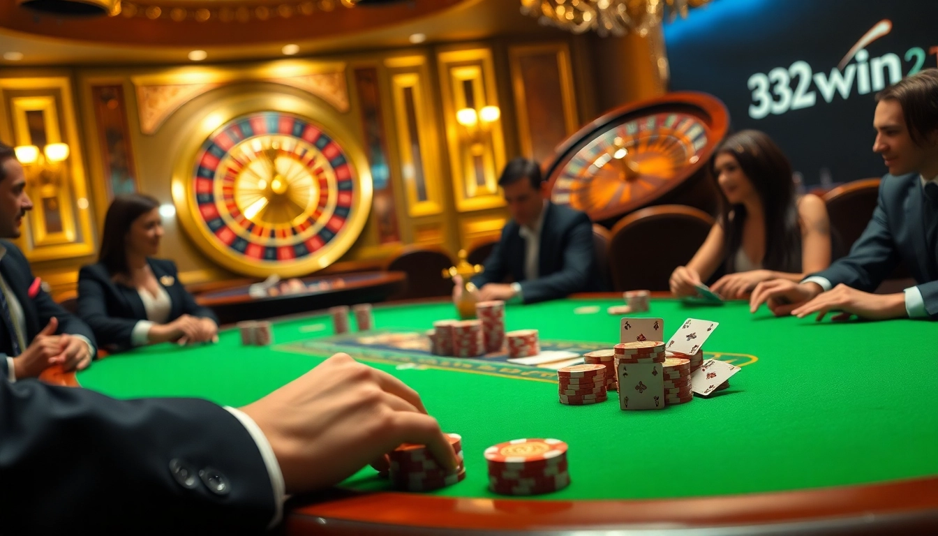 Players enjoying a high-stakes game at 32win2 casino table under warm lighting.