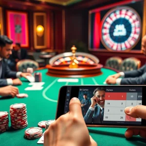 S8 online gaming platform interface displayed on a mobile device amidst a luxurious casino setting.
