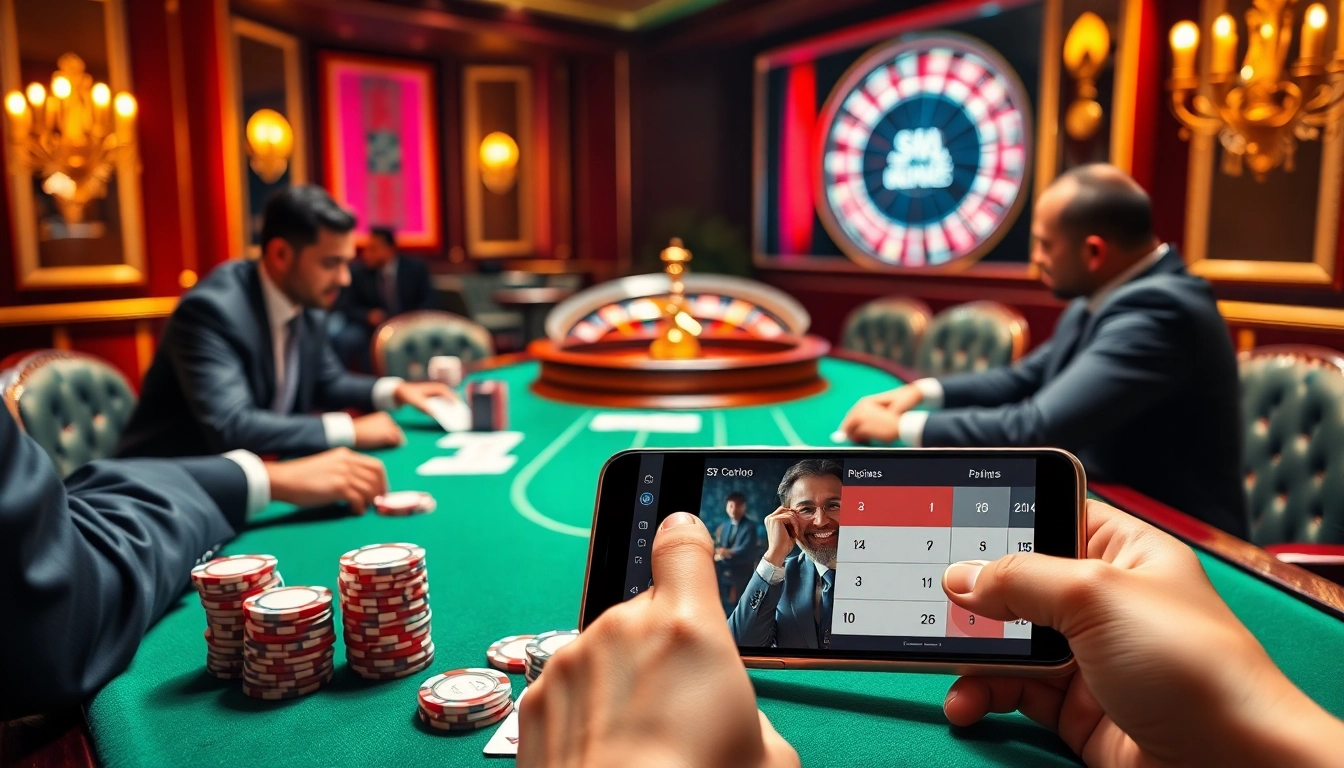 S8 online gaming platform interface displayed on a mobile device amidst a luxurious casino setting.