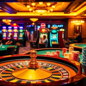 32 win players strategizing at a lavish poker table in an upscale casino setting.