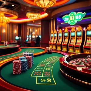 Engaging gamblers at trang chủ mm88 with an exciting casino experience featuring tables, chips, and a roulette wheel.