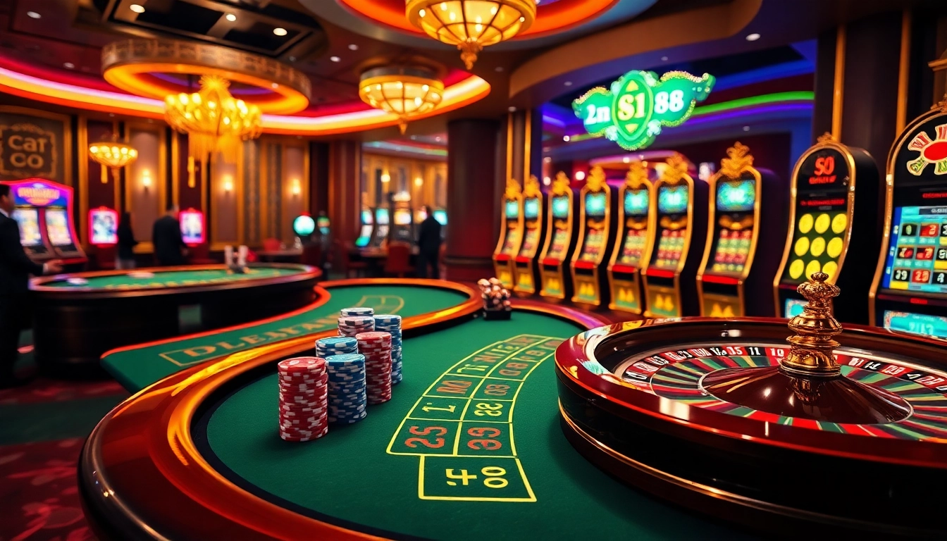 Engaging gamblers at trang chủ mm88 with an exciting casino experience featuring tables, chips, and a roulette wheel.