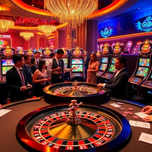 Players enjoying exciting games at GG88 casino, surrounded by vibrant tables and colorful chips.