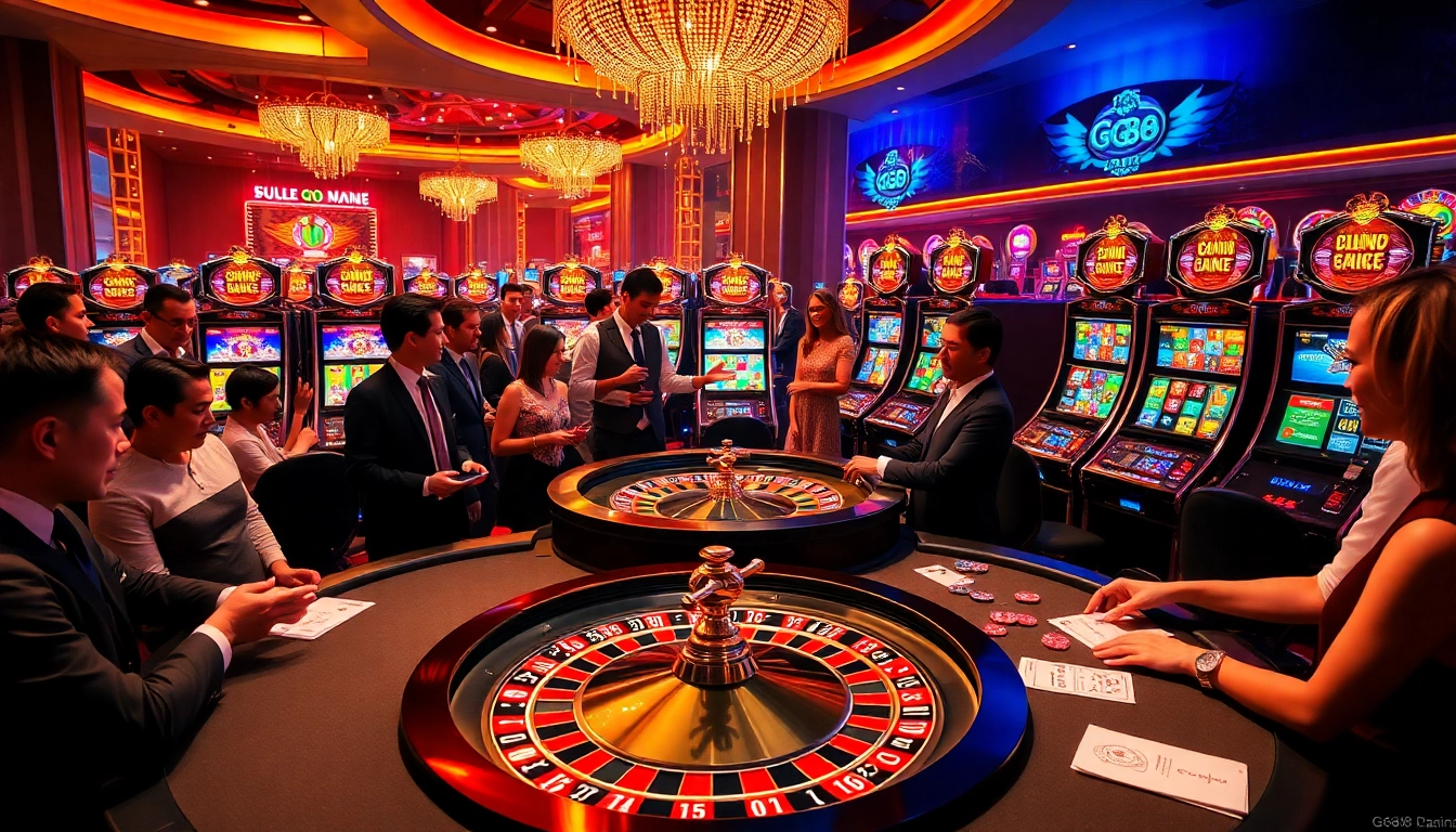 Players enjoying exciting games at GG88 casino, surrounded by vibrant tables and colorful chips.