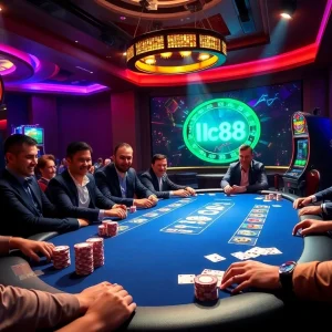 Experience the thrill of lc88 with players engaged at a luxurious poker table, glimmering chips everywhere.